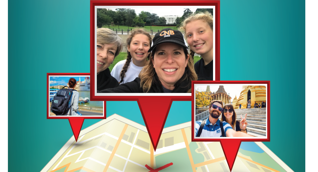Customer selfies wearing their CNB hats for the "Where in the World Are You and CNB" summer travel contest.