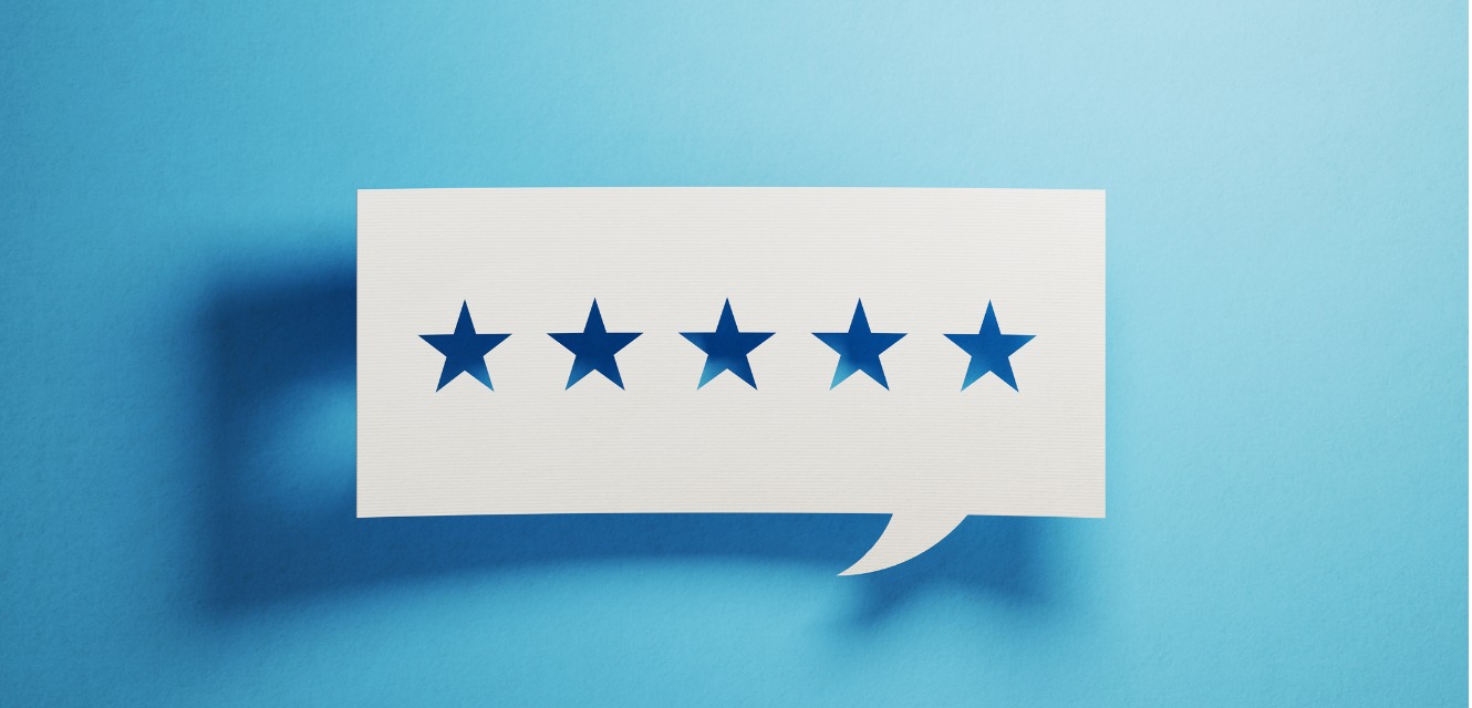 5 star review speech bubble for feedback
