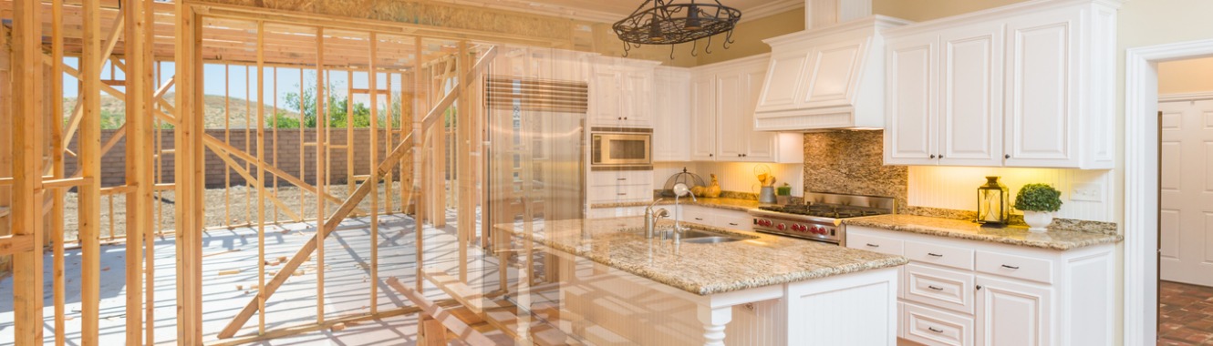 Home construction site faded into a finish kitchen
